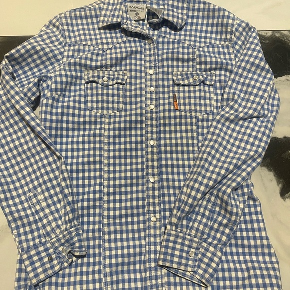 Navy Blue and White Button Down Shirt Lightweight Cotton FR Fire resistance L - Picture 1 of 6